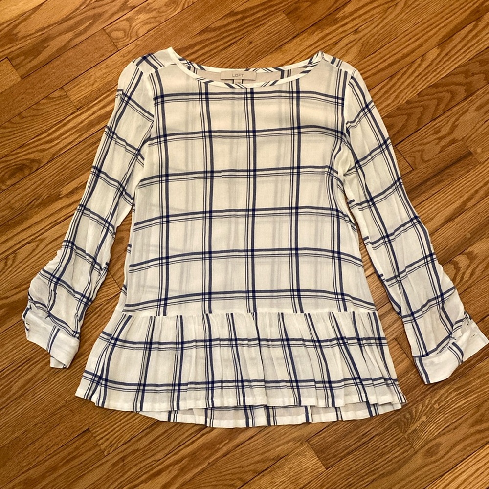 Loft | Blue Plaid Peplum Blouse Top | Size S